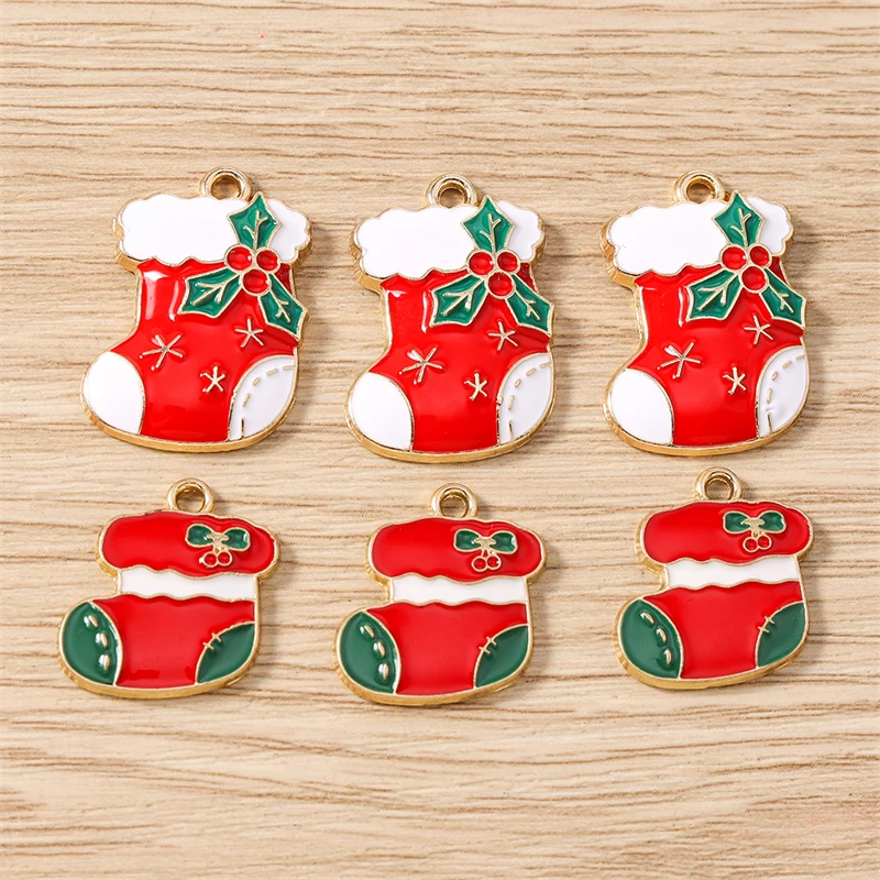 10 Stück niedliche Emaille-Weihnachtssocken-Anhänger für die Schmuckherstellung, Halsketten, Ohrringe, Armbänder, Accessoires, DIY-Bastelarbeiten, Geschenke – Detail 2