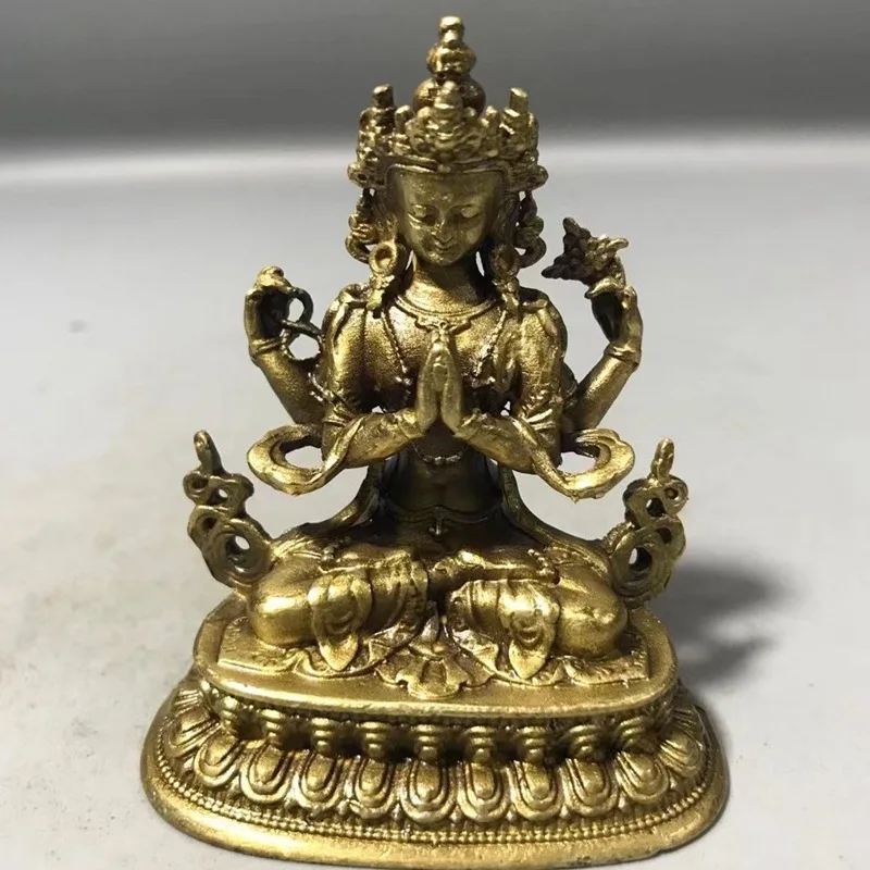 Alloy Buddha Ornament Four-Armed Avalokiteshvara Buddha Ornament Tibetan Guanyin Living Room Home Crafts Decoration Height 6cm