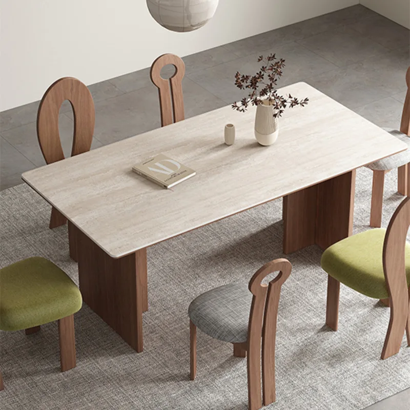 French retro small apartment dining table and chair combination travertine, slate, walnut color medieval style designer solid wo