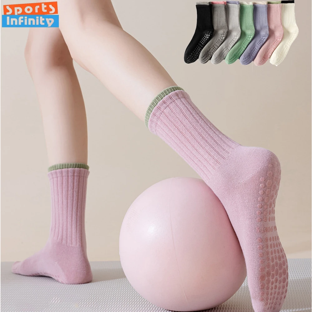 

New Professional Yoga Socks Women Color Blocked Mid Tube Anti Slip Pilates Socks Cotton Absorbs Sweat Dance Fitness Sports Socks
