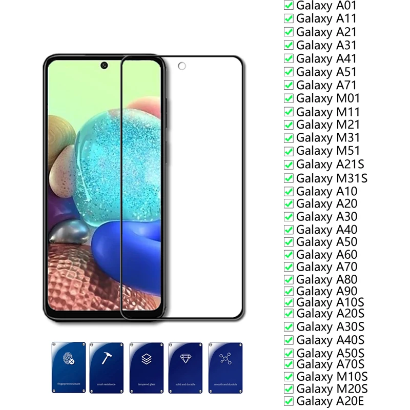 Protector de pantalla de vidrio templado para Samsung Galaxy, película de seguridad, M A01 41 71 11 21 31 51 10 70 80 90 20 30 40 50 S E