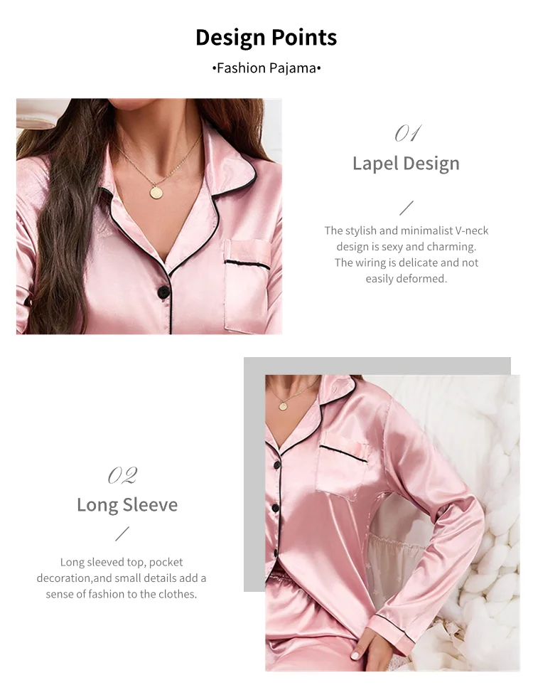 Damen-Pyjama-Set, Nachtwäsche, Anzug, Loungewear, Pyjama-Set, Satin, langärmelig, Oberteile mit Hosen, 2-teilig, Pyjama, Pyjama für Damen – Detail 10