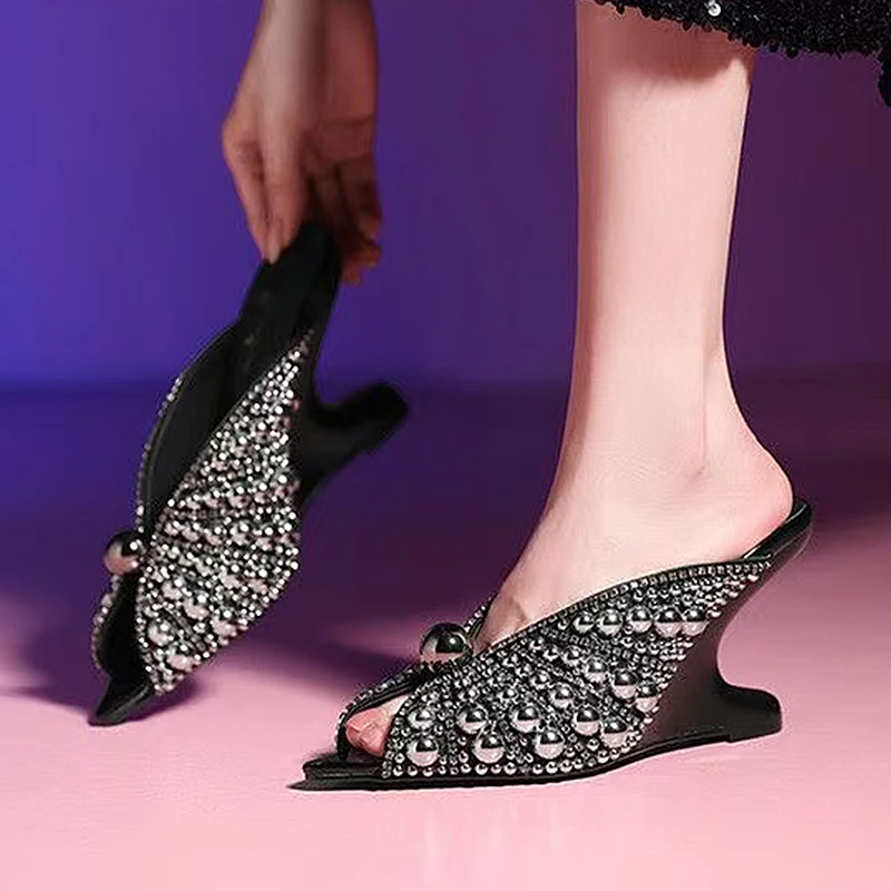 

White Pearls Pointy Toe Wedges Slippers Genuine Leather Women's High HeelsSandals Party Wedding Dress Shoes Luxury Designer Pump