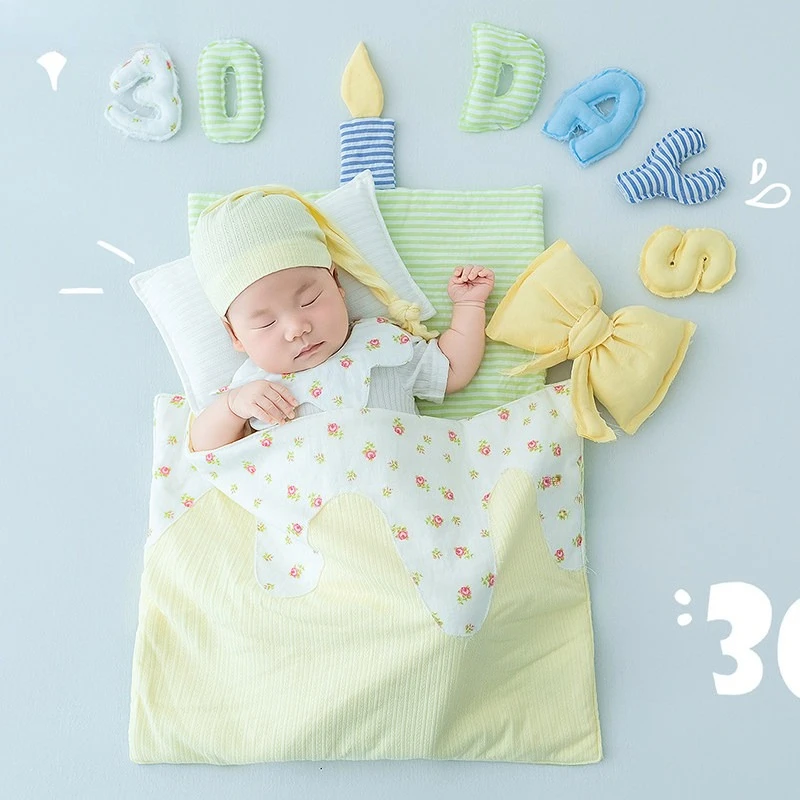 Newborn Photography Props Cute 30 Days Theme Set with Outfit Hat Cake Sleeping Bag Bow-knot Decors for Baby Studio Photoshoot