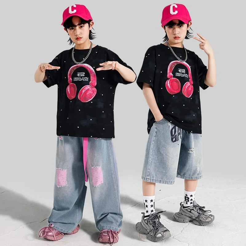 

Street Dance Clothing Kids Jazz Stage Performance Outfit Hip Hop Top Black Shirts Denim Pants Boys Fashion Show Streetwear 1986