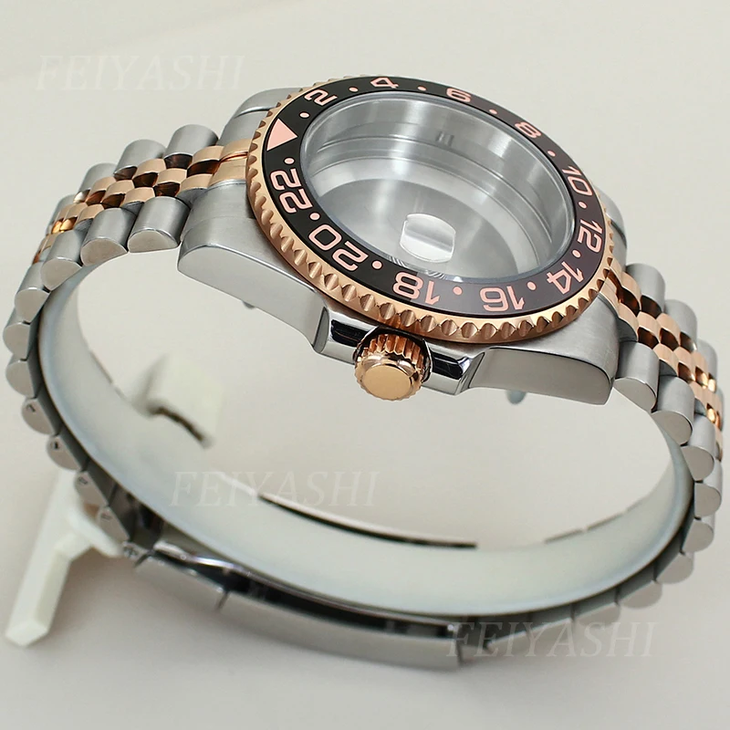 40mm Two Tone Silver Rose Gold Watch Case Root Beer Insert For Seiko NH35 NH36 NH38/34 Miyota 8215 ETA 2824 Movement 28.5mm Dial