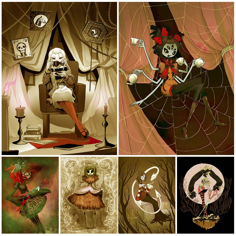 

Gothic Spider Witch's Tea Party Wall Art Canvas Painting Lovely Lolita Witch Art Poster And Print For Living Room Decoration