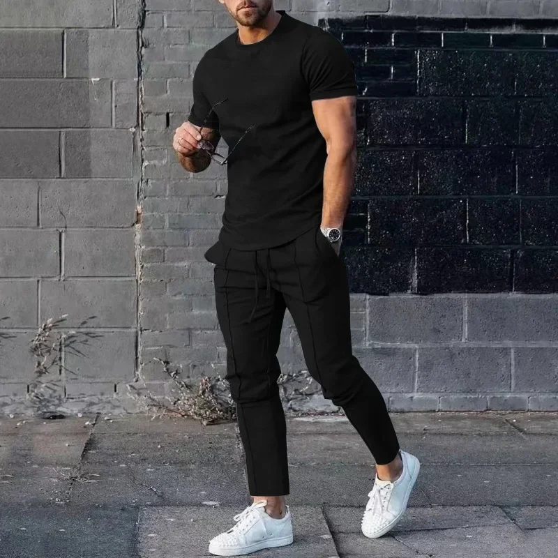 Sports Set Mens Fall 2023 Summer Solid Casual Round Neck Short Sleeve Sports T-shirt Two Piece Set for Men