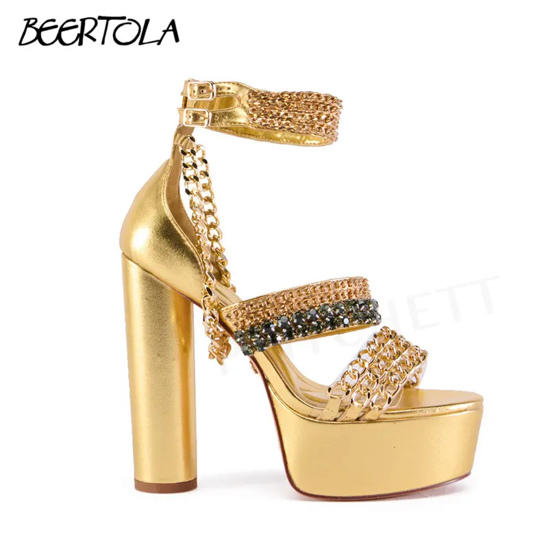 

Gold Metal Chain Fashion Sandals Catwalk Thick High Heels Round Toe Double-Layer Platform Sandals Rhinestone Large Size Shoes