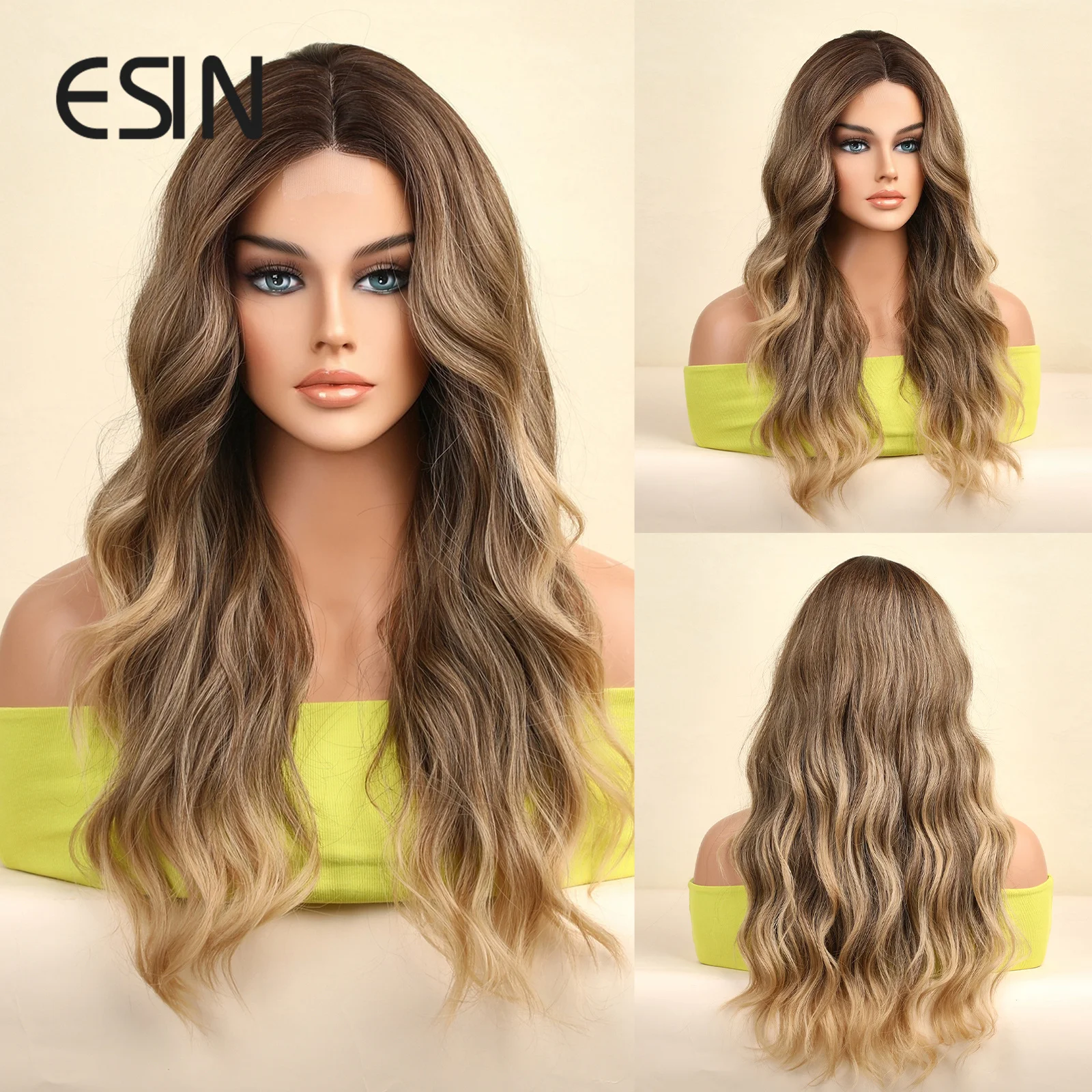 

ESIN Synthetic Long Ombre Light Brown Front Lace Wig Long Brown Curly Wigs for Women Natural Glueless Wigs for Daily Use