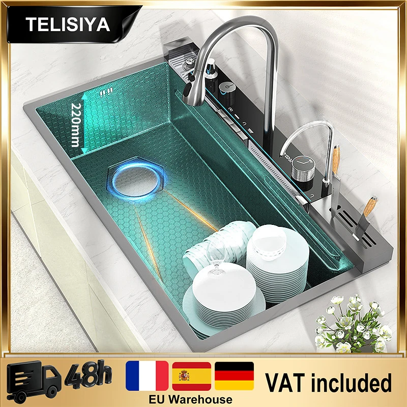 

Multifunctional With Knife Rack Kitchen Sink Digital Display Waterfall Large Single Slot Stainless Steel Wash Dishes Basin