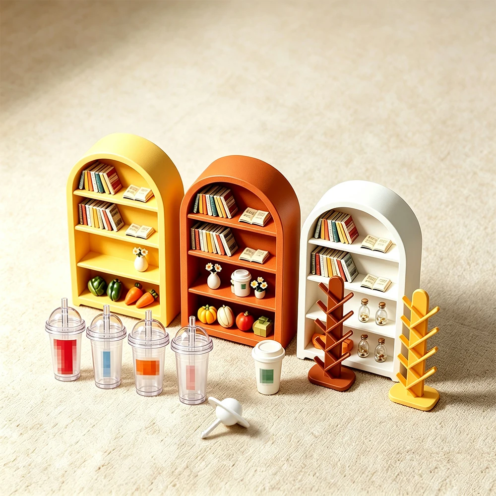 1/12 Scale Dollhouse Mini Decor Set Arched Bookcases Wall Panels Spinning Tops Simulation Drink Cups Pretend Play Gift
