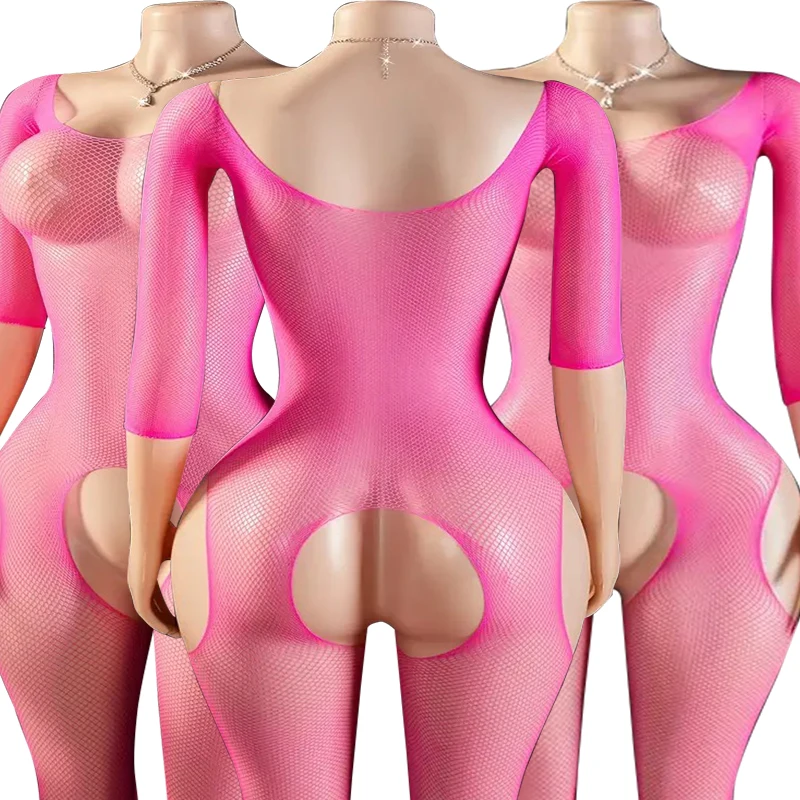 

One Piece Crotchless Babydolls For Sexy Lingerie Women Long Sleeve Bodystocking Mesh Hollow Babydoll Dress Rose Erotic Underwear