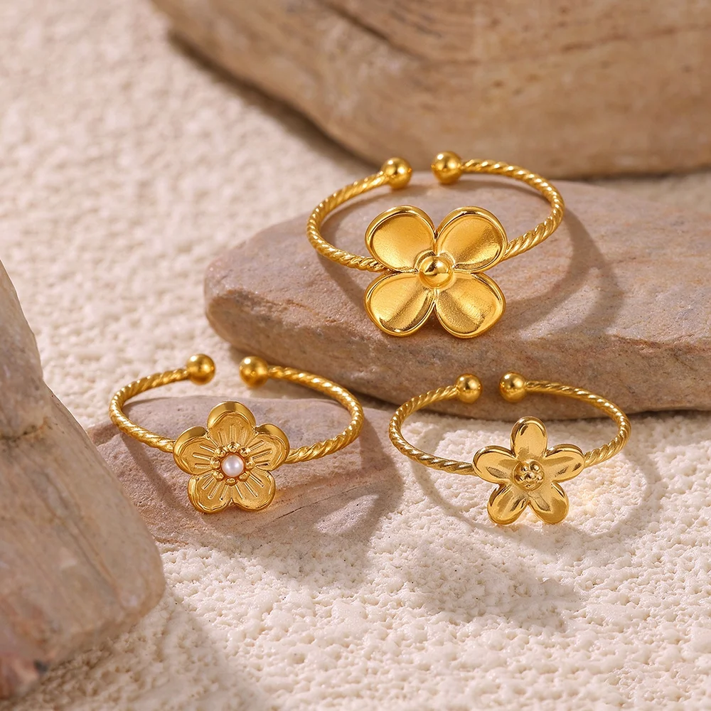 3 PCS Gold Color Flower Rings for Women Twisted Band Stainless Steel Finger Ring Stackable Floral Jewelry Set Gift Anillos Mujer