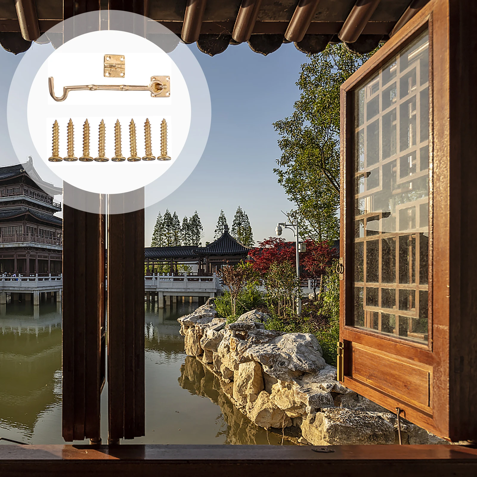 

Windproof Hook Sliding Window Support Pure Copper Golden Screws Vintage Door Buckle Durable Rust Free Easy Install Chinese Retro