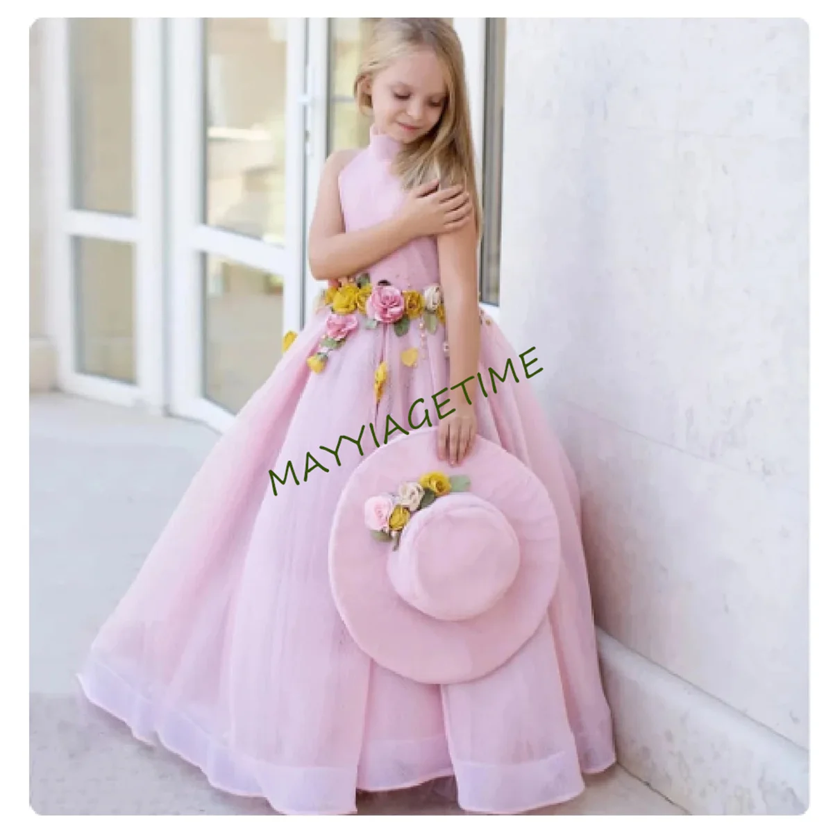 

Pink High Neck Flower Girl Dresses Birthday Sleeveless Floor Length First Communion Wedding Prom Baby Princess Pageant Party