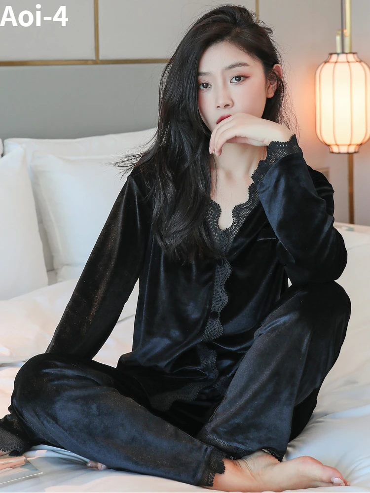 Sexy Lace Splicing Pajamas Suit Women Spring Autumn New Korean-Style Long-sleeved Top+Trousers Fashion 2-Piece Home Clothes 2XL