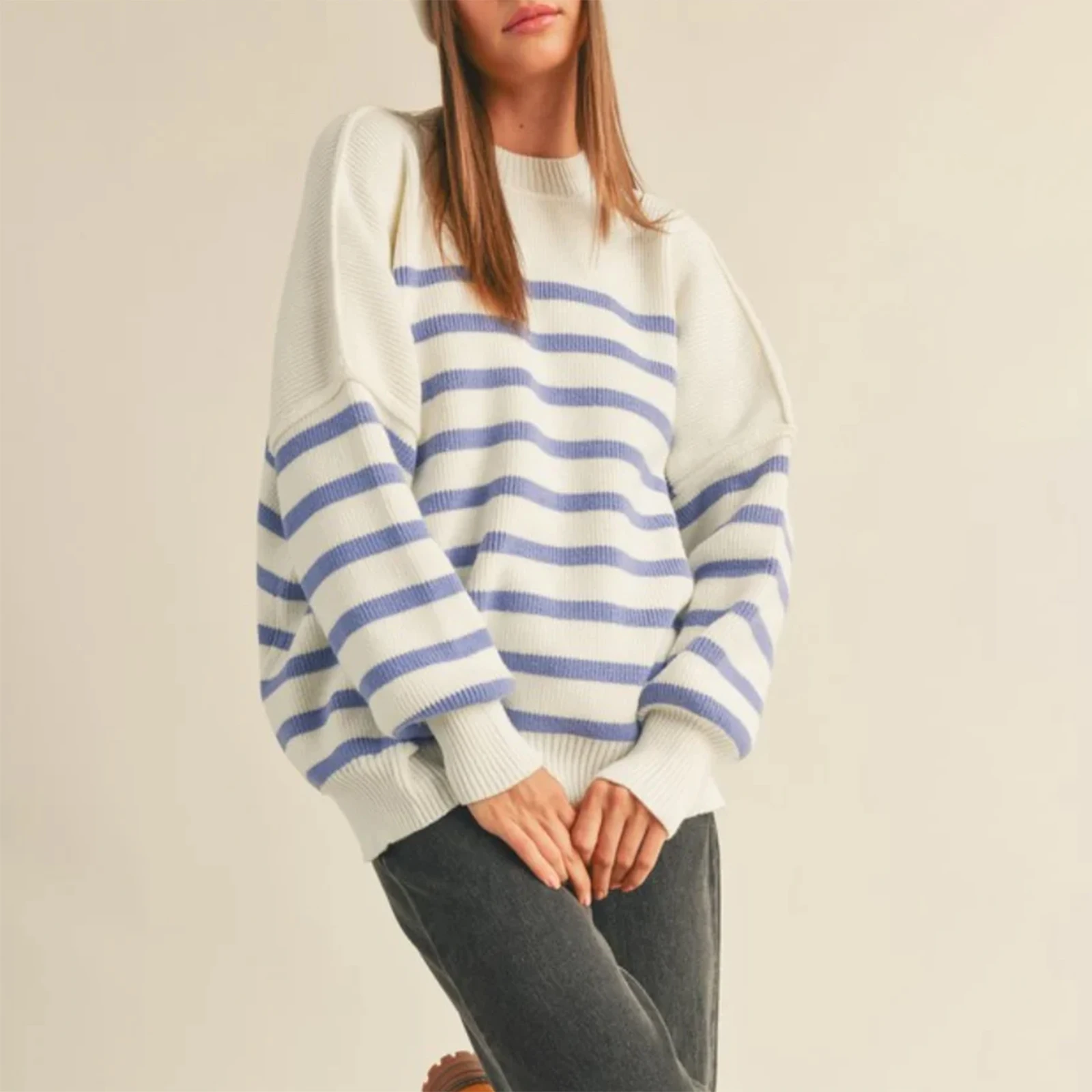 Women's y2kAesthetic Striped Sweater Drop Shoulder Long Sleeve Round Neck Slit Hem Casual Loose Warm Knitted Top image 2