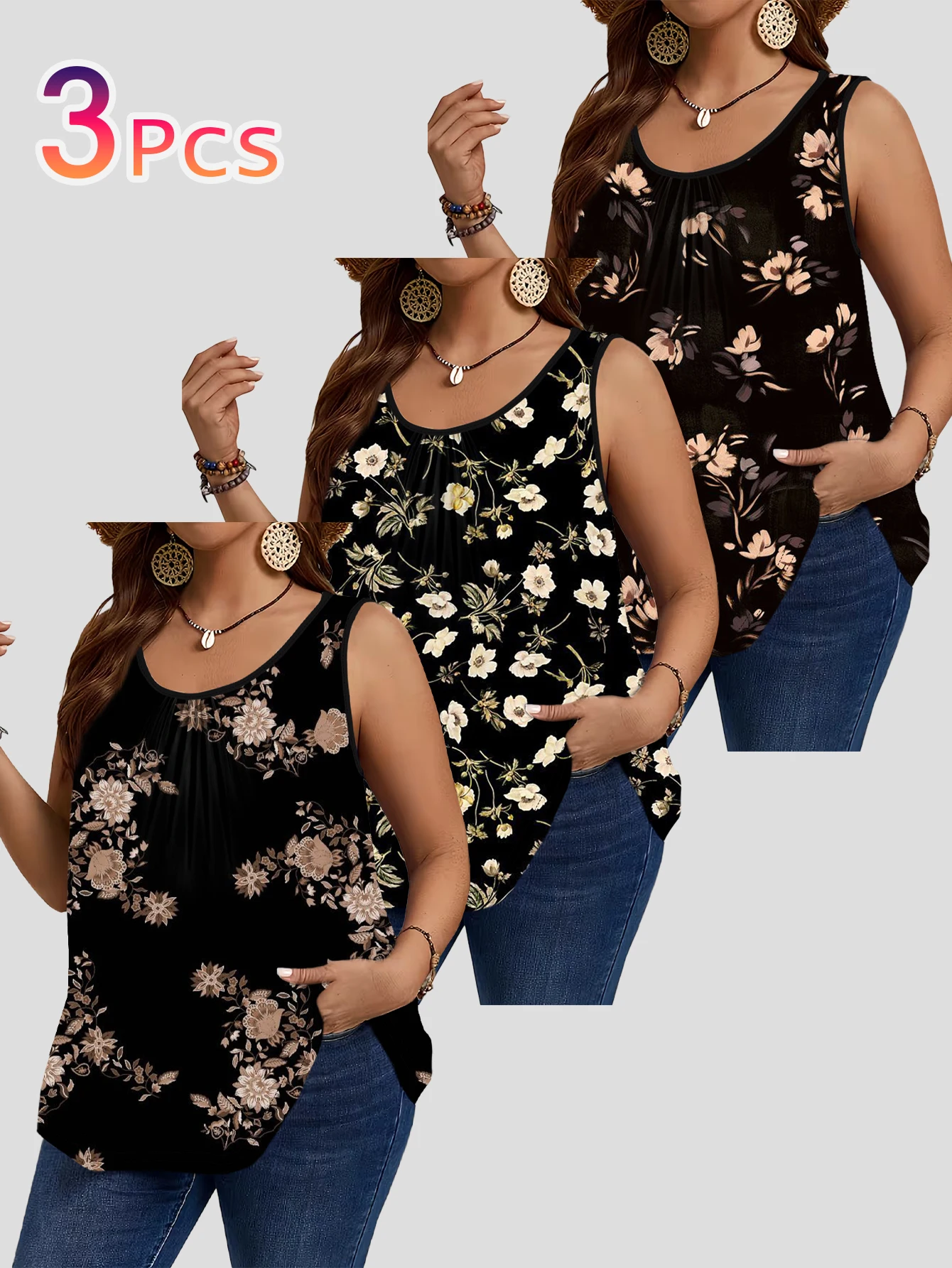 3-Piece Set of Plus-Size Women's Black Vintage Floral Print Tank Tops, Round Neck Loose Sleeveless Tops