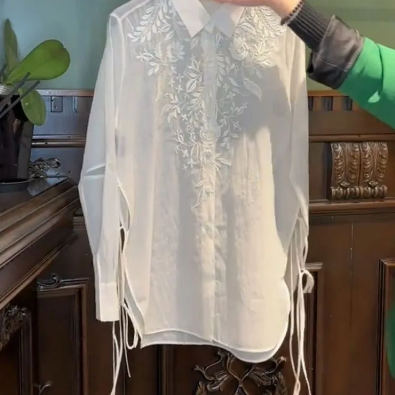 Chinese Style High End Embroidery Blouse Women Spring Summer Loose Split Tassel Unique and Chic Shirts Fashion Female Tops