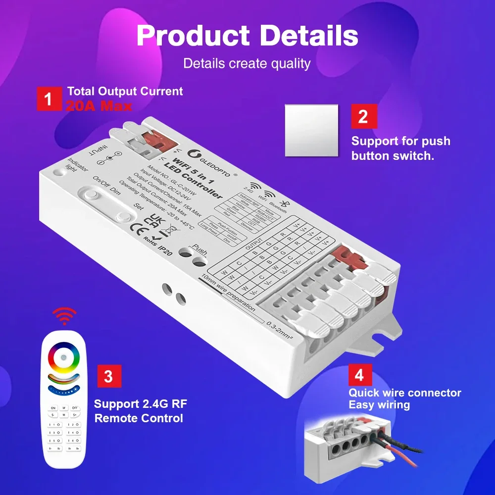 GLEDOPTO WiFi Bluetooth 5 in 1 LED Strip Controller 20A RGBCCT RGBW RGB CCT WWCW Dimmer Tuya Smart Life Alexa App Voice Control