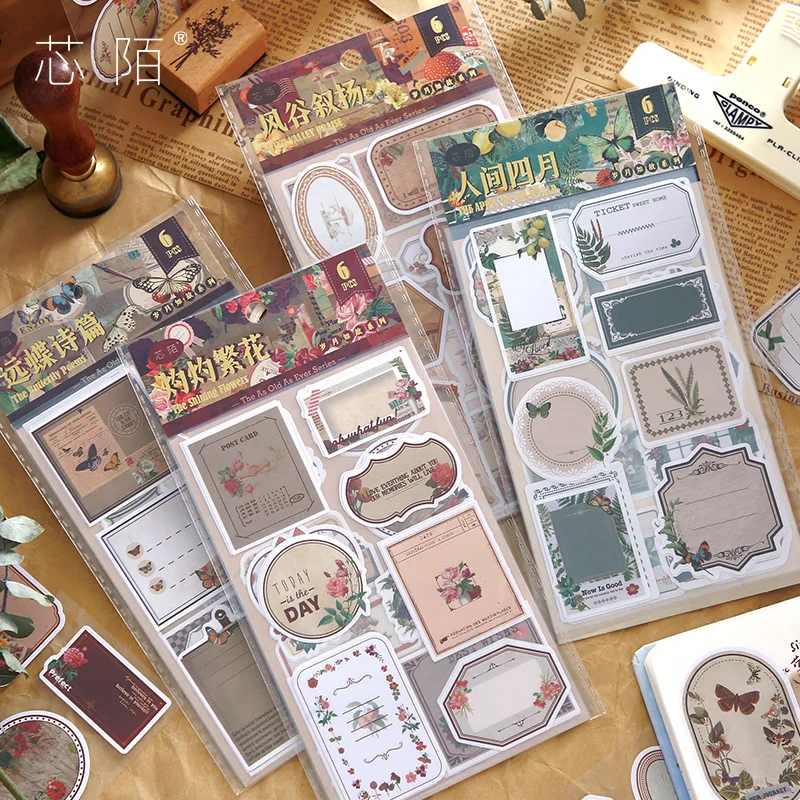 

6Pcs Vintage Retro Decorative Stickers Can Be Written DIY Scrapbook Journal Planner Diary Album Craft Stickers