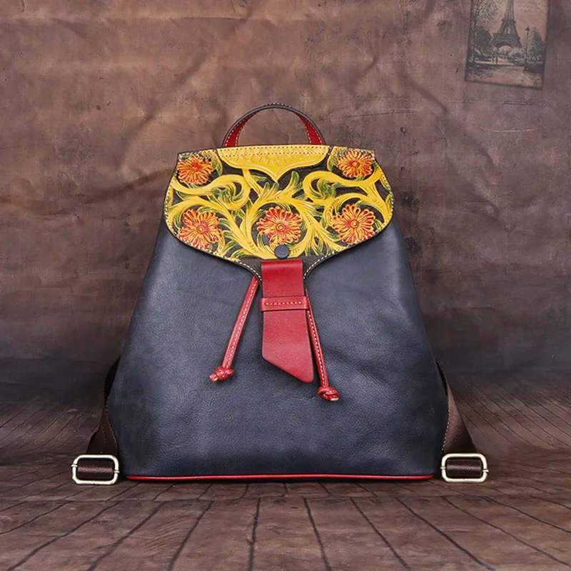 Vintage Genuine Leather Backpack Woman 3D Floral Real Cow Leather Tote Bags For Ladies Fashion Cowhide Shoulder Bag