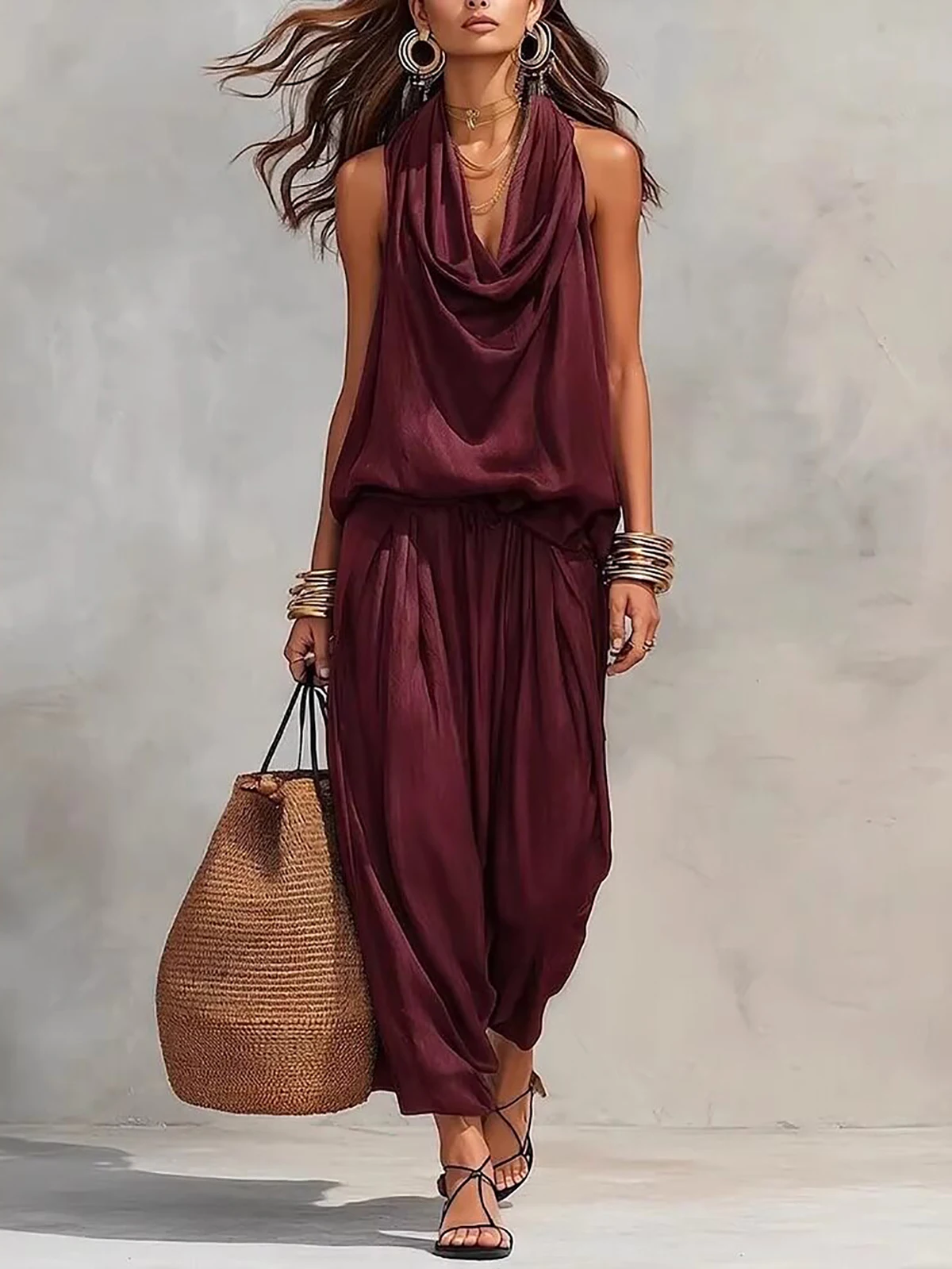 Damen Zweiteiliges Set mit Mehrschichtigem Neckholder-Oberteil und Weiter Hose - Einfarbiges Ärmelloses Sommer-Outfit – Detail 2