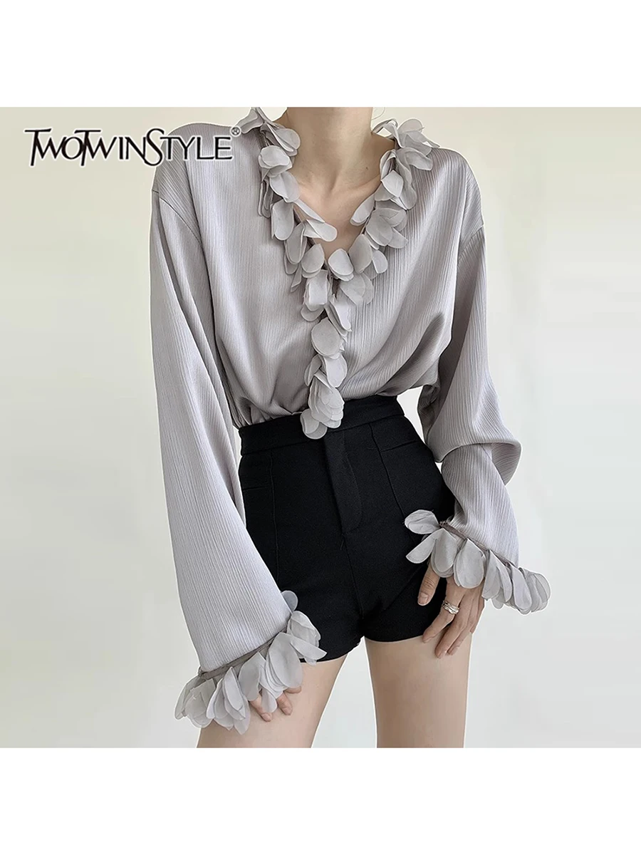 

TWOTWINSTYLE Solid Loose Spliced Petal Casual Blouses for Women V Neck Long Sleeves Patchwork Button Elegant Blouse Female New