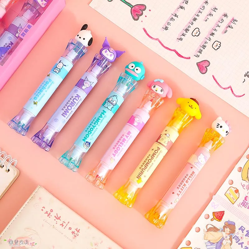 Imagem -04 - Sanrio Melody Kuromi Double Head Highlighter Desenho Kitty Canetas Marcadoras Fluorescentes Escritório e Material Escolar Cores 12pc Lote