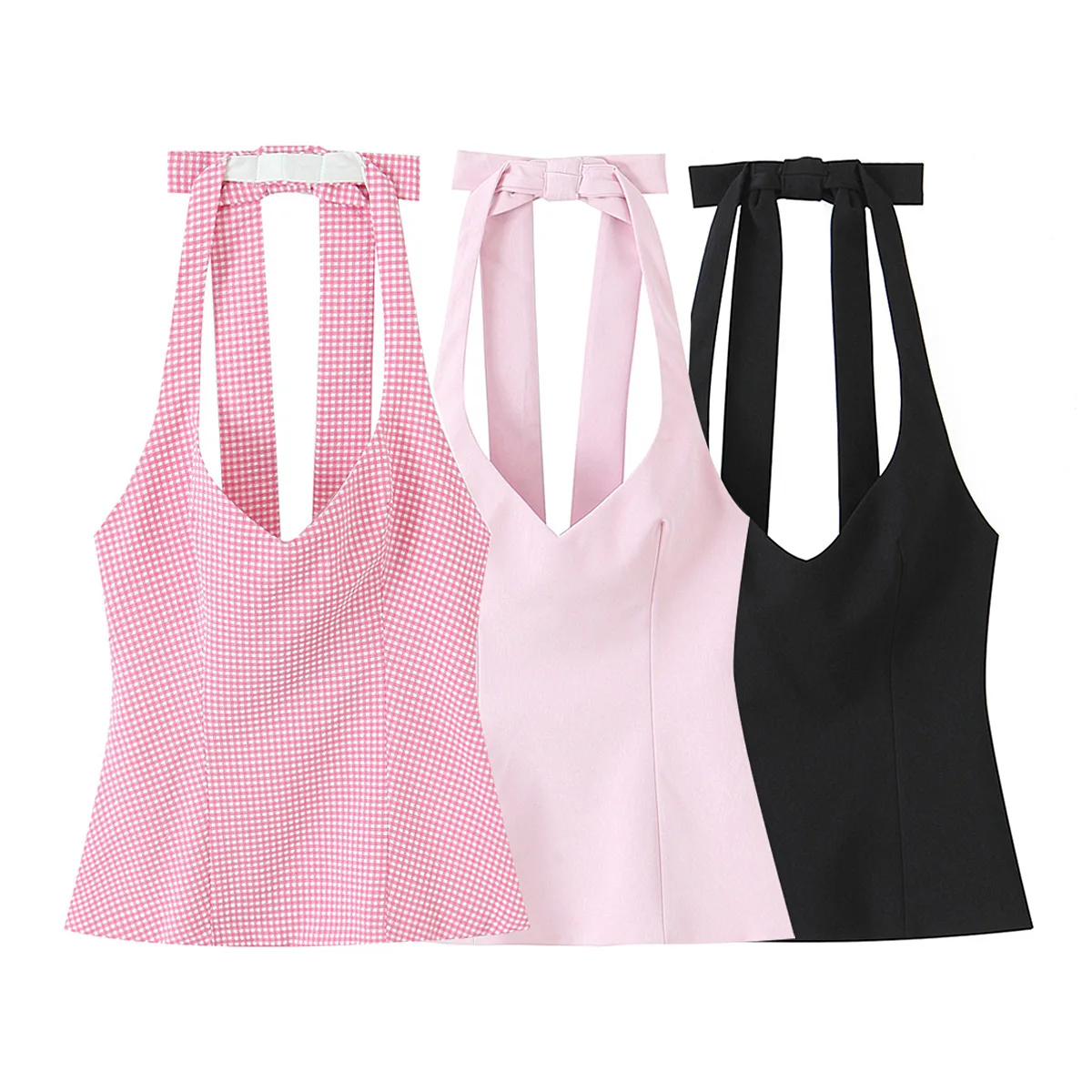 

ZBZA Woman's Halter Back Bow Top Plaid Halter-neck Slim-fit V-neck Backless Side Zipper Cropped Vest Beach Style Summer Chic Top
