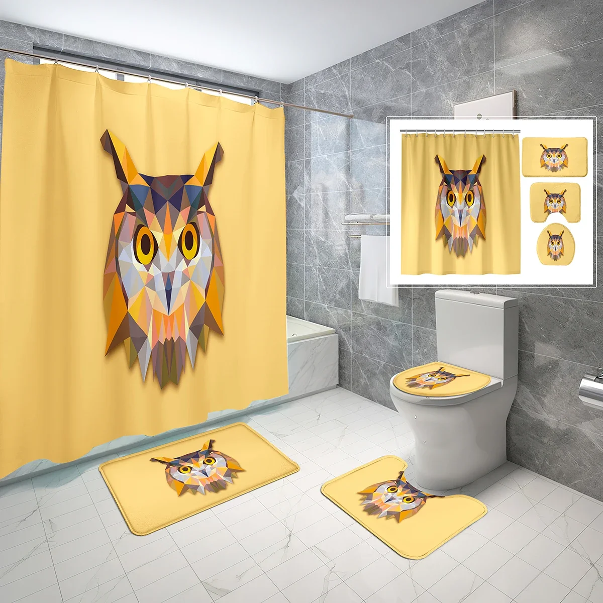 4 Pcs Geometric Shower Curtain Sets with Toilet Lid Cover and Non-slip Bath Mat Red Orange Triangle Tiger Shower Curtain Set