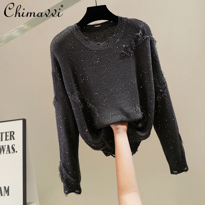 

New Fashion Heavy Small Sequin Decorated Round Neck Pullover Sweater Autumn Women's Long Sleeve Loose Elegant Knitted Top