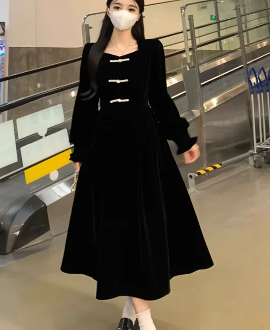 Herbst Winter Große Größe Chinesische Square Neck Langarm Kleid Hohe Taille A-linie Vielseitig Alter-reduzierung Gefälschte Zwei-stück Kleider