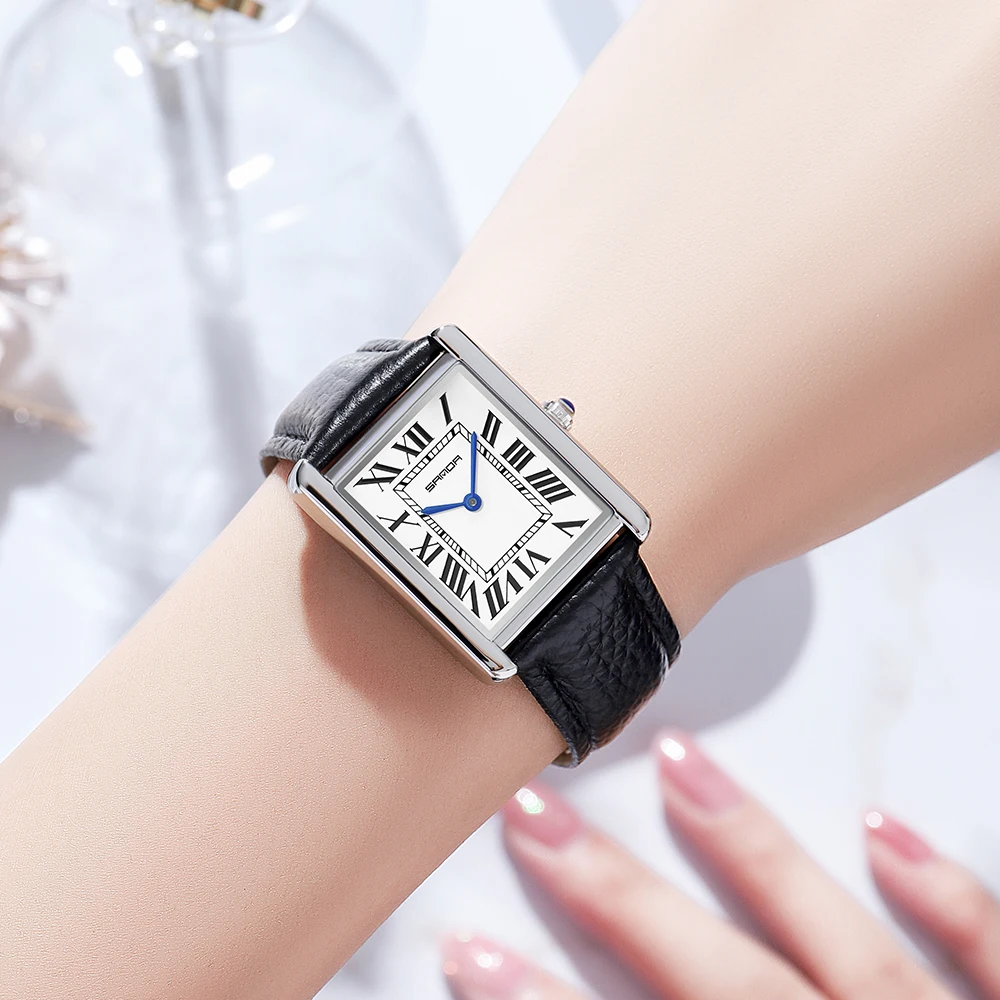 

Sanda Rectangular Watches for Women Silver Case Black Band Leather Quartz Wrist Watch Reloj Mujer Elegante Fashion Ladies Clock