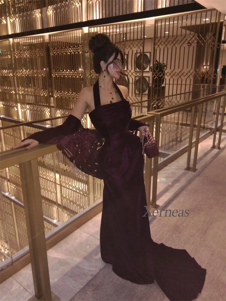 Customized Burgundy Evening Dresses Halter Sexy Cocktail Party Dress for Women Floor Length Ptom Night Gowns