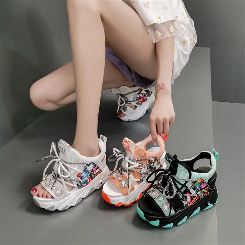 Comemore Leisure Lady Platform Chunky Sandals Mixed Color Shoes Sports Wedge White Sandals Women High Heel Beach Casual Shoes 39