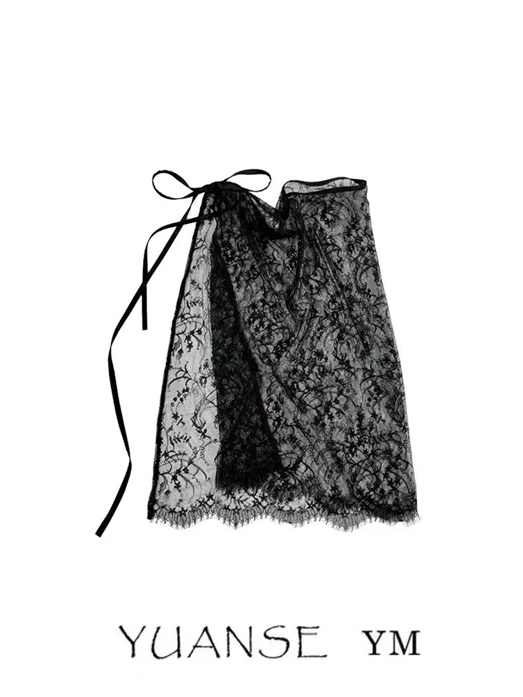 Fashionable Black One-PIece Lace Skirt Curtain Women's Four-Season Design Sense Layered Skirt Butt Curtain Korean Style
