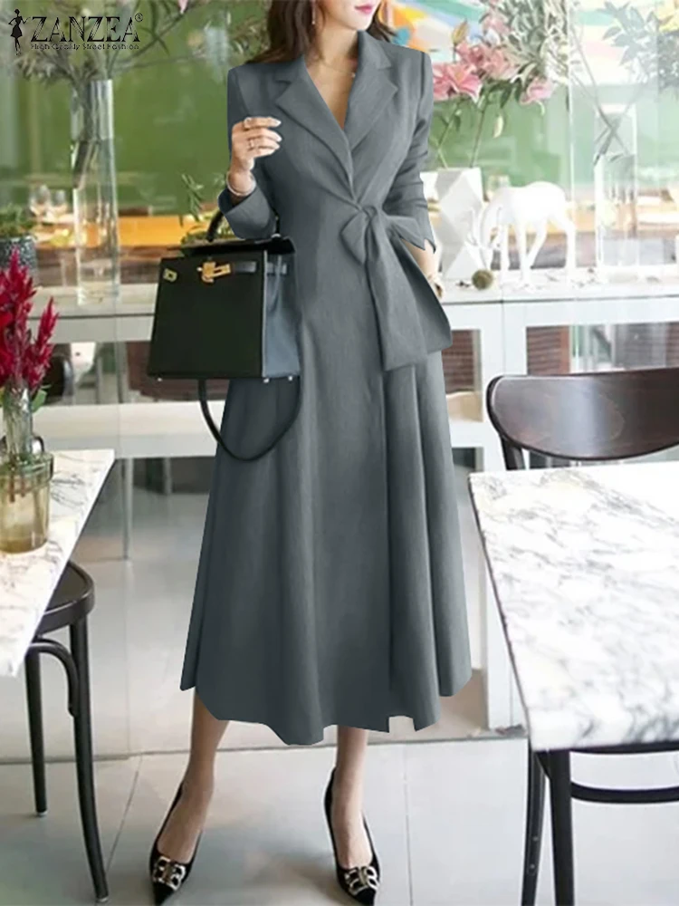 

ZANZEA Office Lady Vestidos Holiday Belted Waisted Solid Dress Fashion Suit Collar Long Sleeve Robe 2025 Spring Commuting Dress