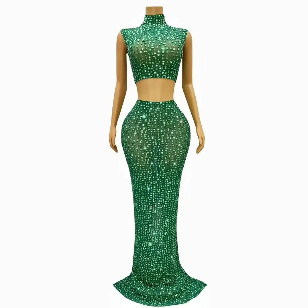 New Sparkle Diamond Elastic Green Mesh 2-piece set  Long Dress Elegant Celebrity Evening Party Nightclub Birthday Prom Show Wear