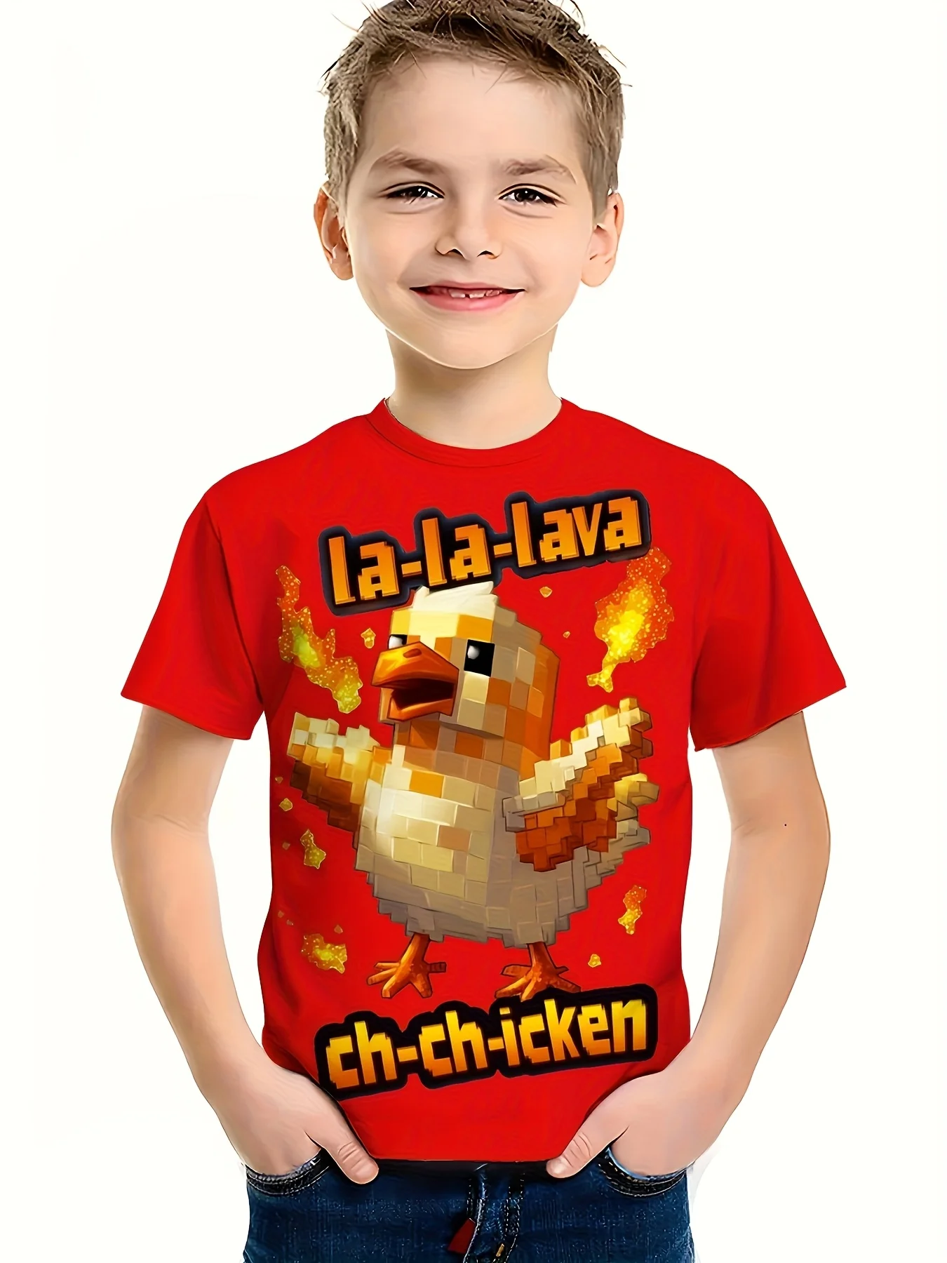Boys Adventure‑Style Tee, 3D Pixel Chicken With Flame Graphic, Breathable Crew Neck Short‑Sleeve Casual Summer Kids T‑Shirt