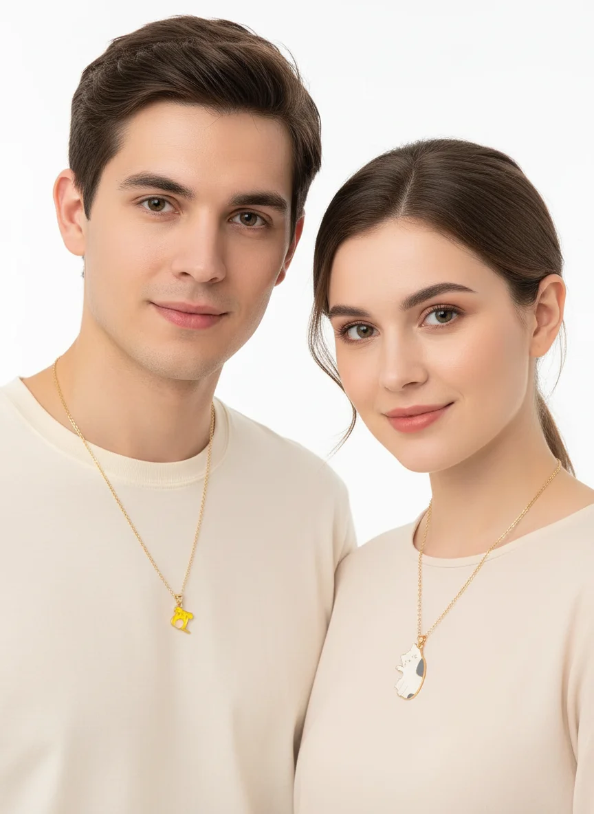 2Pcs/Set Cartoon Cats And Rat Mouse Shaped Pendant Golden Necklace Valentine's Day Couple Lovers Jewelry