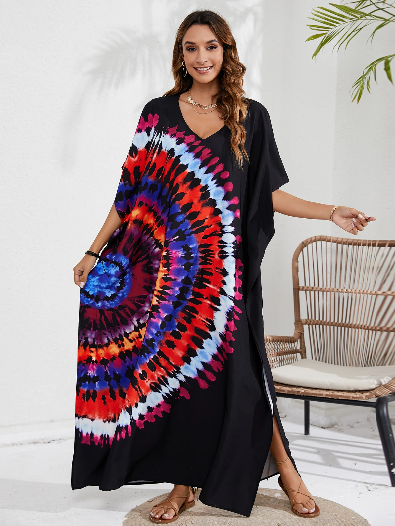 

Summer Tie-Dye Loose Beach Kaftan, Quick-Dry Plus Size Swim Cover Up Dress
