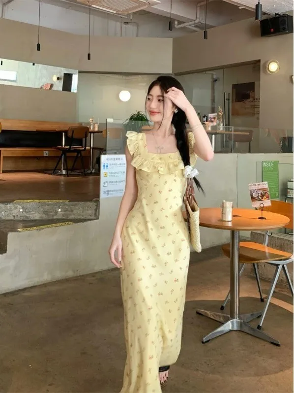 فستان ماكسي صيفي كاجوال للنساء بطباعة زهور صفراء، خفيف الوزن وقابل للتنفس مصنوع من ألياف البوليستر