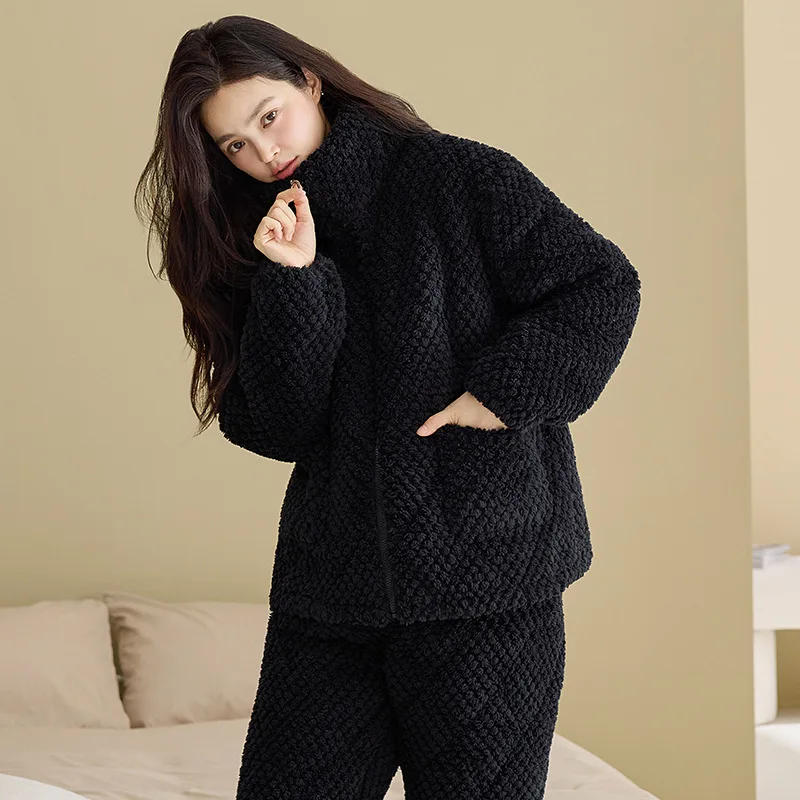 Women's Pajamas Winter Fleece Thickened Three-layer Padded Zipper Ultra-thick Warm Coral Fleece Can Be Worn Outside Loungewear