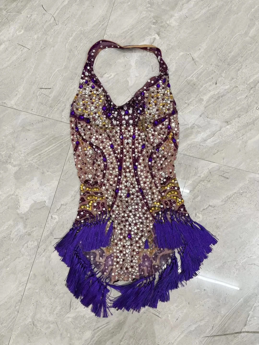 Flashina-Bodysuit Strass Sem Mangas, Franjas De Prata Roxo, Roupa Sexy, Traje De Celebração Do Aniversário À Noite, Shanyao C286