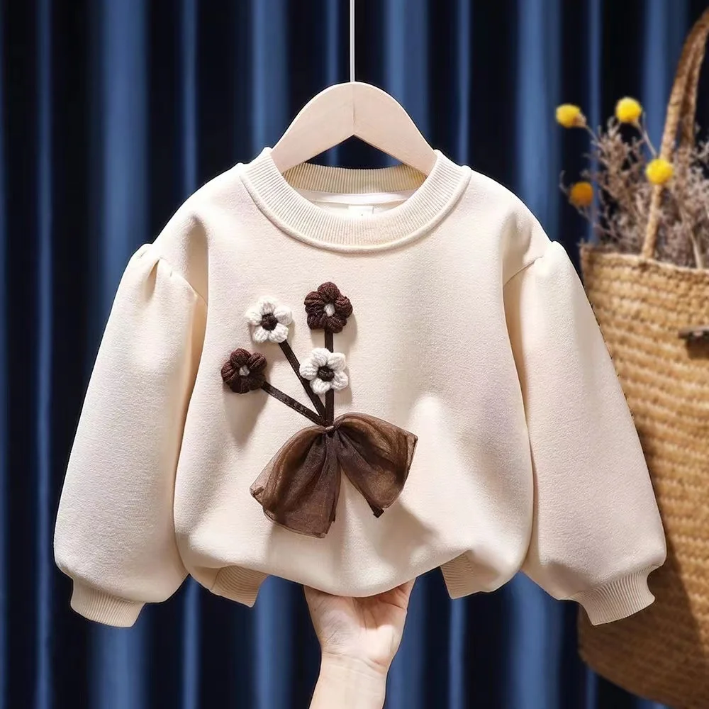 

Baby Girl's Autumn Winter Top 12M-6Y Children's One Piece Plush Flower Bubble Sleeve Sweatshirt Kids's Thickened Clothes