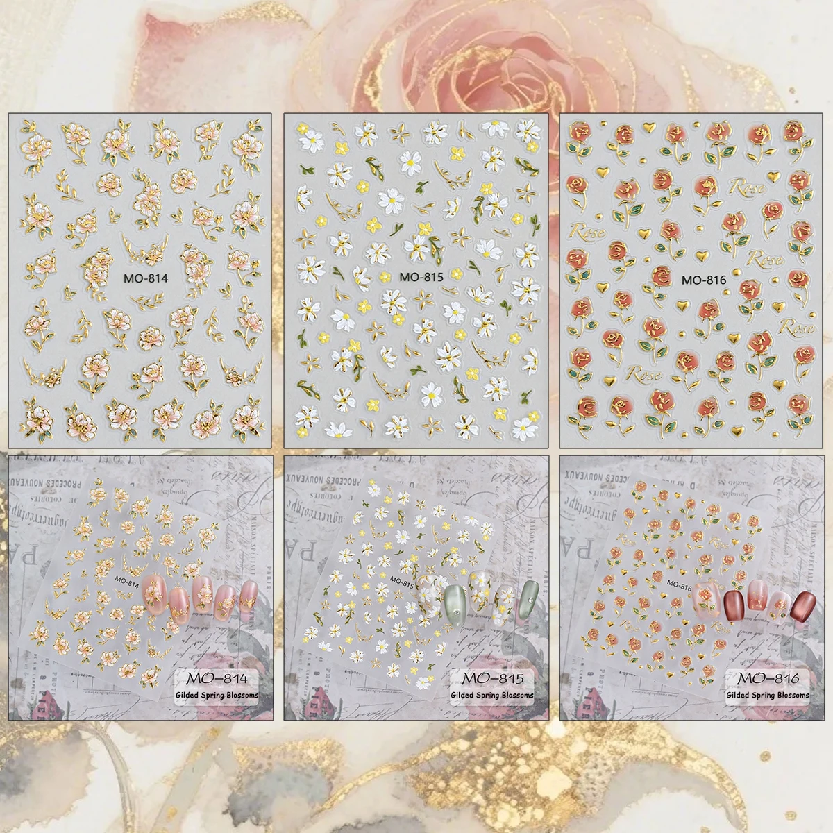 3/6/12 Sheets 5D Embossed Gold Outline Rose Daisy Flower Nail Stickers Heart Self Adhesive Spring Floral Nail Art Decals
