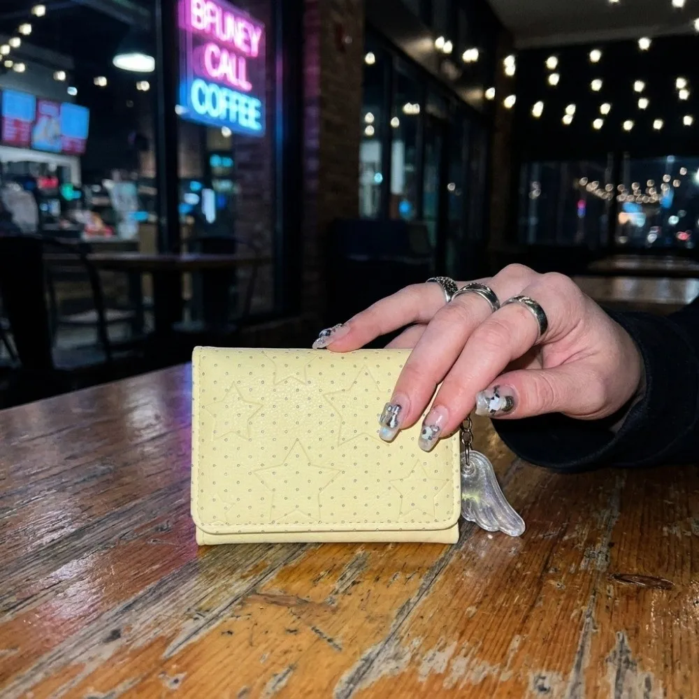PU Leather Polka Dot Trifold Wallet Star Wing Pendant Lightweight Card Holder ID Window 5 Card Slots Coin Purse Student