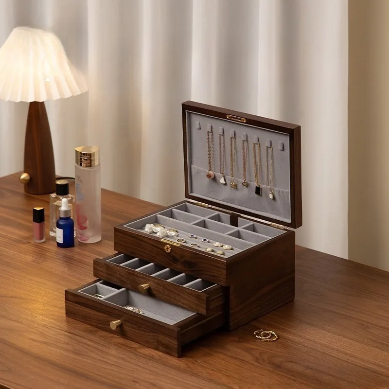 

Деревянная шкатулка для украшений, многослойная, для хранения колец и ожерелий, винтажный органайзер для серег, вместительная шкатулка для украшений с замком